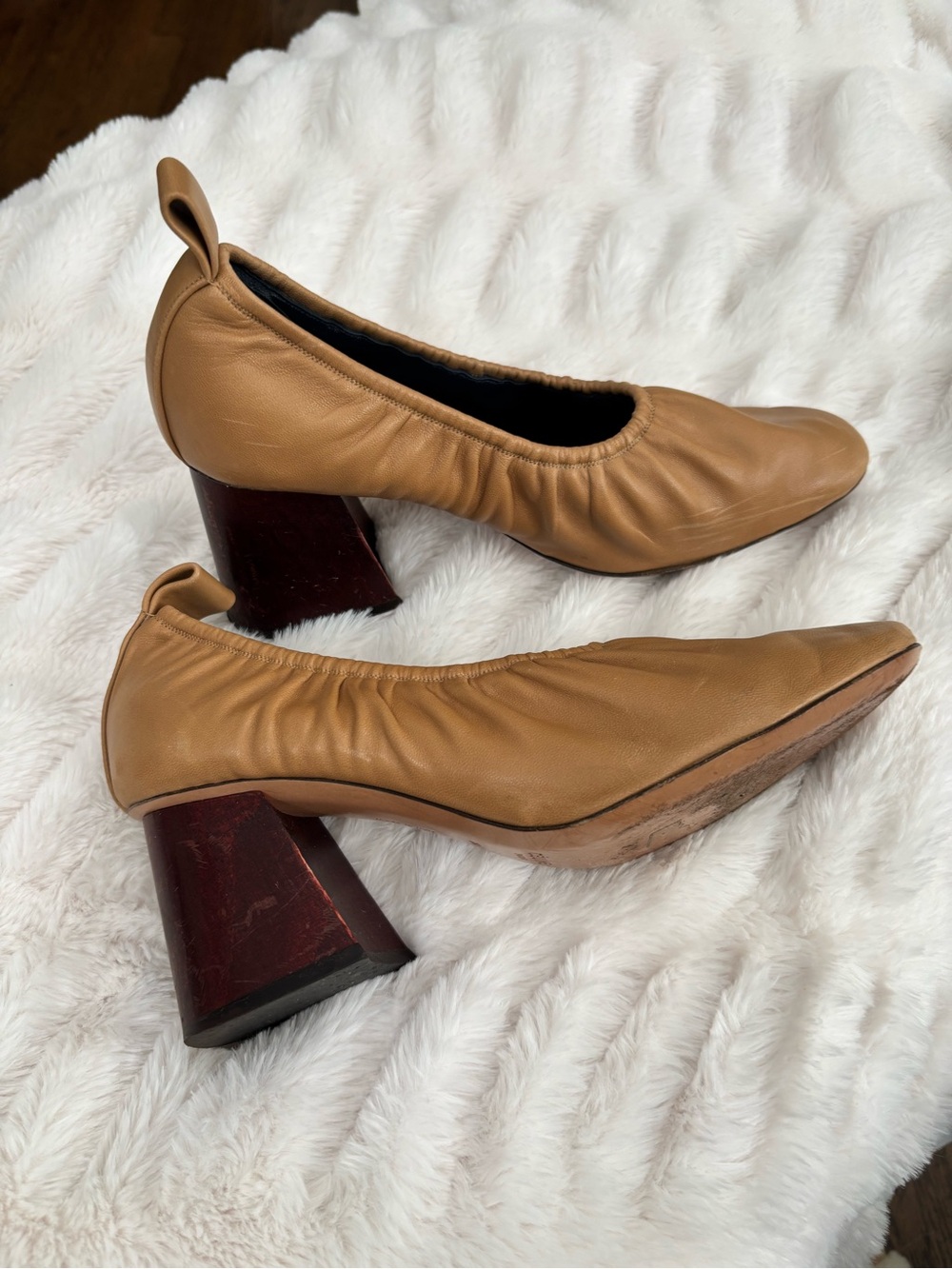 Celine Tan Leather Sculpted Block Heel Pumps